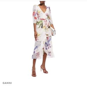 Ganni Ruffled Floral-print Stretch-mesh Midi Wrap Dress